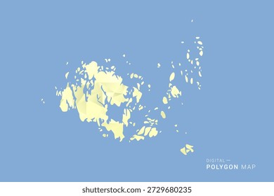 Mapa de las islas Aland en estilo de Vector de polígono bajo, ilustración de forma geométrica con tonos amarillos suaves sobre fondo azul, silueta limpia para infografía.