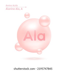  Alanine (Ala) Amino Acid Capsules Vitamins Complex Minerals. 3D Model Of Molecule Pink Isolated On White Background. For Food Supplement Ad Package Design. Science Medic Concept. Vector EPS10.