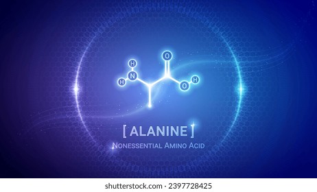 Alanine, Amino Acid Chemical Structure, Organic Compound, Molecule, Chemistry, Biology, Medical, Nutrition Futuristic Hologram Neon Glow Bright Translucent Backdrop Background Illustration