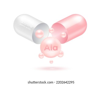 El aminoácido de alanina sale flotando de la cápsula. Complejo de vitaminas y minerales rosados aislados en fondo blanco. Para el suplemento alimenticio y el diseño de paquetes. Concepto médico de ciencia. EPS10 vectores 3D.