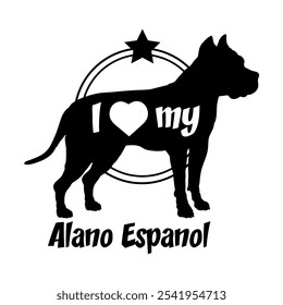 Alano Espanol silueta de perro, me encanta mi perro, perro, razas de perro, logotipo, Vector, silueta, animal, ilustración, icono, signo, negro, mascota,