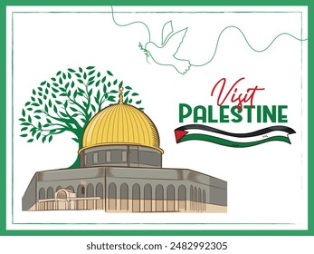 Al-Aqsa Mosque flat design and hand drawn olive branches