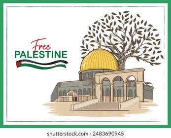 Al-Aqsa Moschee flaches Design und handgezeichneter Olivenbaum