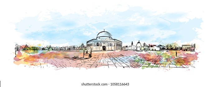 Al-Aqsa Mosque, Jerusalem's holiest mosque in Jerusalem. Watercolor splash with Hand drawn sketch illustration in vector.