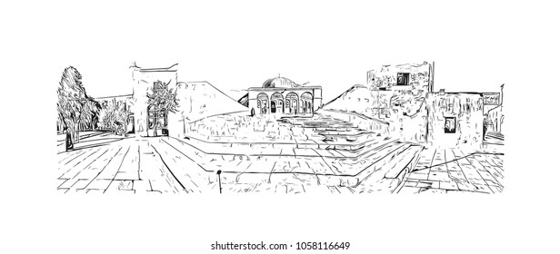 Al-Aqsa Mosque, Jerusalem's holiest mosque in Jerusalem. Hand drawn sketch illustration in vector.