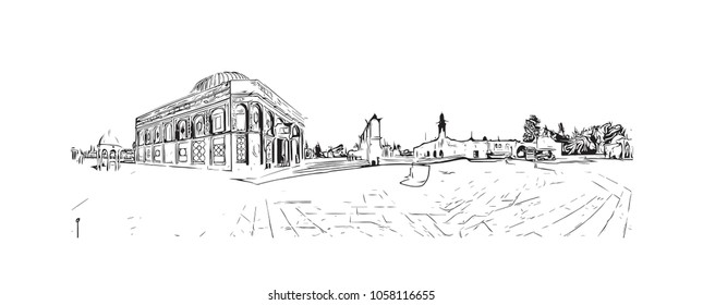 Al-Aqsa Mosque, Jerusalem's holiest mosque in Jerusalem. Hand drawn sketch illustration in vector.
