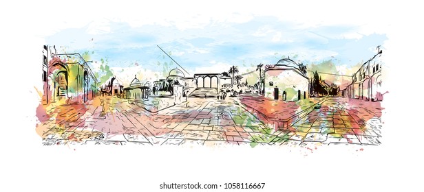 Al-Aqsa Mosque, Jerusalem's holiest mosque in Jerusalem. Watercolor splash with Hand drawn sketch illustration in vector.