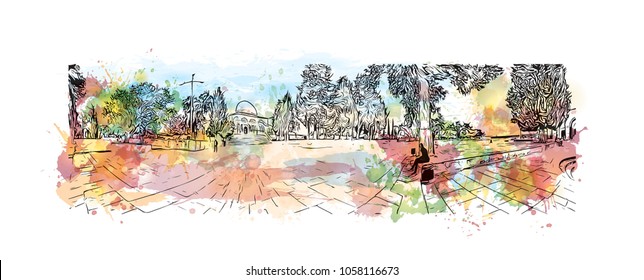 Al-Aqsa Mosque, Jerusalem's holiest mosque in Jerusalem. Watercolor splash with Hand drawn sketch illustration in vector.