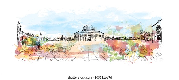 Al-Aqsa Mosque, Jerusalem's holiest mosque in Jerusalem. Watercolor splash with Hand drawn sketch illustration in vector.