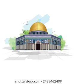 Al-Aqsa Mosque, Palestine, Jerusalem, Israel.Free Palestine. Al-Aqsa Mosque design for banner, social media, poster 3D Illustration. Palestine Arabic Calligraphy Vector Design With Al-Aqsa Mosque