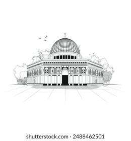 Al-Aqsa Mosque, Palestine, Jerusalem, Israel.Free Palestine. Al-Aqsa Mosque design for banner, social media, poster 3D Illustration. Palestine Arabic Calligraphy Vector Design With Al-Aqsa Mosque