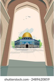 Al-Aqsa Mosque, Palestine, Jerusalem, Israel.Free Palestine. Al-Aqsa Mosque design for banner, social media, poster 3D Illustration. Palestine Arabic Calligraphy Vector Design With Al-Aqsa Mosque