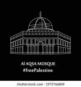 Al-Aqsa mosque. white line art on black background. Modern linear style isolated illustration.