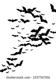 Alar black bats flock isolated on white vector Halloween background. Flying fox night creatures illustration. Silhouettes of flying bats vampire Halloween symbols on white.