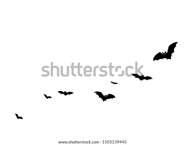白いベクター画像のハロウィーン背景にアラーの黒いコウモリグループ フリッタマウスの夜の生き物のイラスト 白い背景に伝統的なハロウィーンのシンボルで 飛ぶ コウモリのシルエット のベクター画像素材 ロイヤリティフリー 1503139445