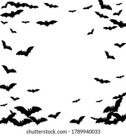 Alar black bats swarm isolated on white vector Halloween background. Flying fox night creatures illustration. Silhouettes of flying bats vampire Halloween symbols on white.