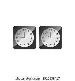 Alarm analog clock black square icon set. Clock with nine and ten o clock, black glossy vector.