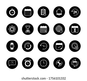 alarm bell and calendar icon set over white background, block style, vector illustration