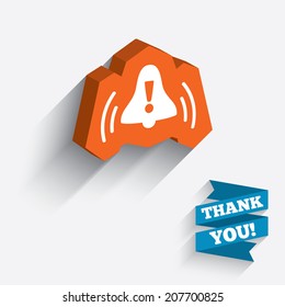 Alarm bell with exclamation mark sign icon. Wake up alarm symbol. White icon on orange 3D piece of wall. Carved in stone with long flat shadow. Vector