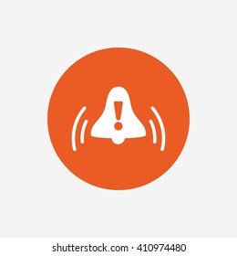 Alarm bell with exclamation mark sign icon. Wake up alarm symbol. Orange circle button with icon. Vector