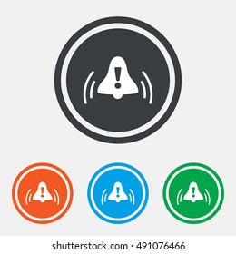 Alarm bell with exclamation mark sign icon. Wake up alarm symbol. Graphic design web element. Flat alarm symbol on the round button. Vector