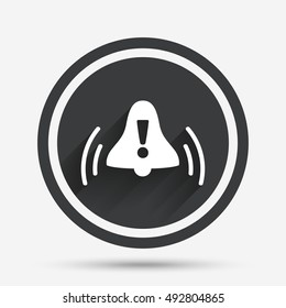 Alarm bell with exclamation mark sign icon. Wake up alarm symbol. Circle flat button with shadow and border. Vector