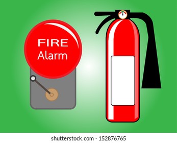 Alarm bell and Fire extinguisher vector illustration .Red Alarm bell and Fire extinguisher  isolated on green background