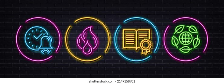 Alarm bell, Flammable fuel and Diploma minimal line icons. Neon laser 3d lights. Eco organic icons. For web, application, printing. Time, Fire oil, Document with badge. Bio ingredients. Vector