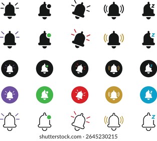 Ícone de campainha do alarme definido para notificação e lembrete. Uma coleção de símbolos de alarme e lembrete em diversos designs