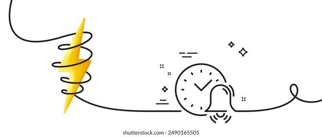Icono de línea de alarma. Una línea continua con rizo. Hora o señal de reloj. Cinta de un solo contorno de alarma. Curva de bucle con energía. Vector