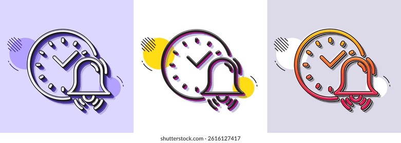 Alarm bell line icon. Halftone dotted pattern. Gradient icon with grain shadow. Time or watch sign. Line alarm bell icon. Various designs. Vector