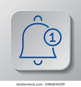 Alarm bell with notification simple icon vector. Flat design. Paper cut design. Cutted blue symbol with shadow. Gray badge button, gray background.ai