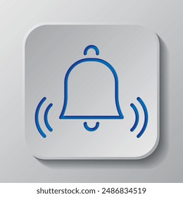 Alarm bell, notification simple icon vector. Flat design. Paper cut design. Cutted blue symbol with shadow. Gray badge button, gray background.ai
