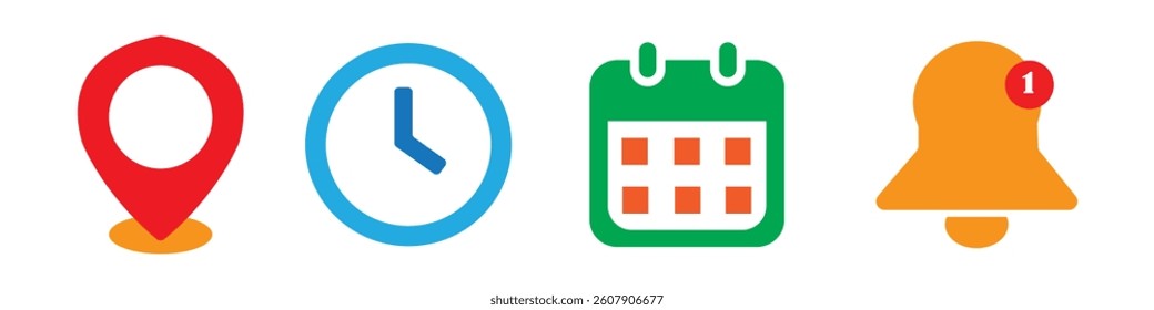 Alarm bell, Place, Time and Date icon. Location, time, calendar and notification icon. Eps 10