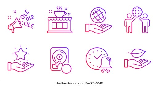 Alarm bell, Recovery hdd and Employees teamwork line icons set. Loyalty program, Ole chant and Coffee shop signs. Safe planet, Leaf symbols. Time, Backup info. Business set. Vector