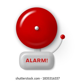 Alarm bell red realistic icon. Fire safety signal, warning, alert. Security system. Sound emergency equipment preventing dangerous situations. Vector illustration isolated on white background.
