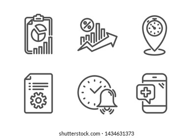 Alarm bell, Report and Technical documentation icons simple set. Loan percent, Timer and Medical phone signs. Time, Presentation chart. Technology set. Line alarm bell icon. Editable stroke. Vector