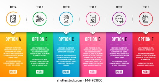 Alarm bell, Report and Technical documentation icons simple set. Loan percent, Timer and Medical phone signs. Time, Presentation chart. Technology set. Infographic template. 6 steps timeline. Vector