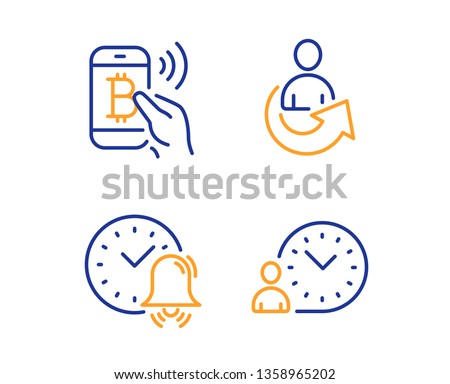 Alarm bell, Share and Bitcoin pay icons simple set. Time management sign. Time, Referral person, Mobile payment. Technology set. Linear alarm bell icon. Colorful design set. Vector