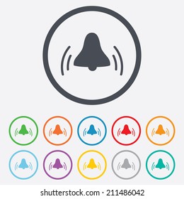 Alarm bell sign icon. Wake up alarm symbol. Round circle buttons with frame. Vector