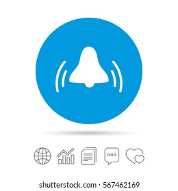 Alarm bell sign icon. Wake up alarm symbol. Copy files, chat speech bubble and chart web icons. Vector