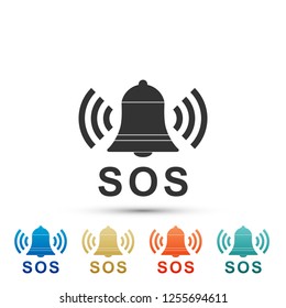 Alarm bell and SOS lettering icon isolated on white background. Warning bell, help sign. Emergency SOS button. Set elements in colored icons. Flat design. Vector Illustration