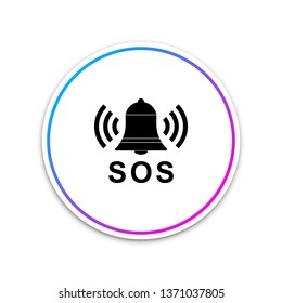 Alarm bell and SOS lettering icon isolated on white background. Warning bell, help sign. Emergency SOS button. Circle white button. Vector Illustration