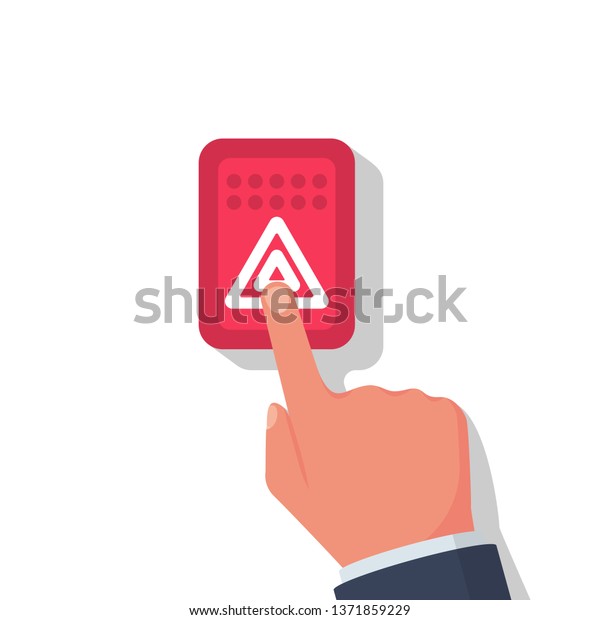 Alarm button car. Alarm\
system. Person presses the finger button of car. Vector\
illustration flat design. Isolated on white background.Flashing\
light.