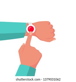 Alarm button emergency. Button to call the doctor. Vector illustration flat design. Isolated on white background. Pressing finger. Hand push. Patient presses the call. Bracelet on the arm of sick.
