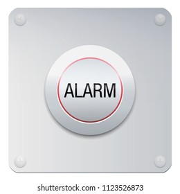 Alarm button on chrome panel. Metallic isolated vector illustration on white background.