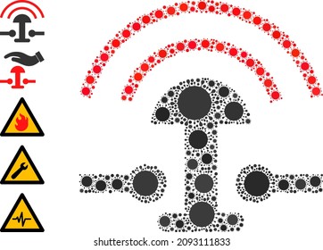 Icono de mosaico del anillo del botón de alarma. El collage vectorial está compuesto por partes dispersas de células de virus. Icono de anillo de botón de alarma de collage de virus e iconos similares. mosaico de anillo del botón de alarma para plantillas de separación.