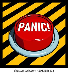 Alarm button or SOS emergency button. Big red panic button on yellow and black panel. Vector illustration