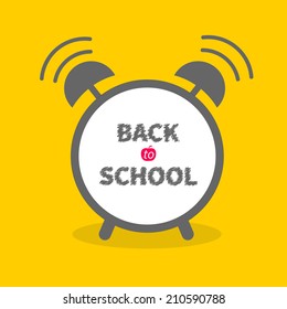 Alarm cloack with chalk text yellow background  Back to school. Flat design. Vector illustration