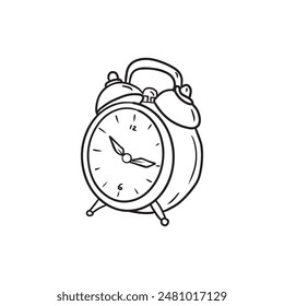 Reloj despertador con 10.15 PM como concepto de vacaciones escolares, despertar temprano en negro aislado sobre fondo blanco. Ilustración de boceto de Vector dibujado a mano en estilo de arte de línea vintage grabado doodle